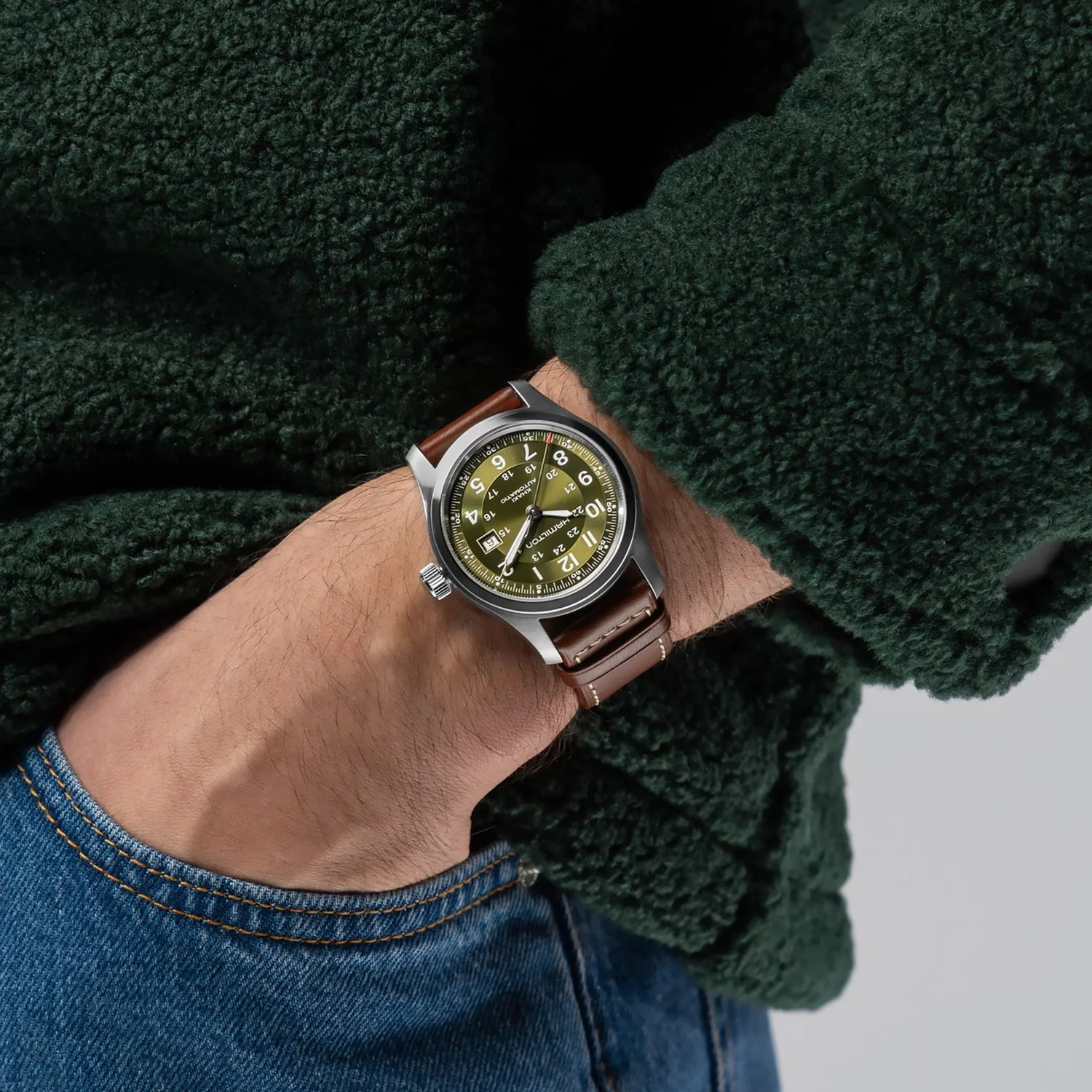 Hamilton - Khaki Field 42 mm Automatic Green Dial Leather - H70605560 - Image 5