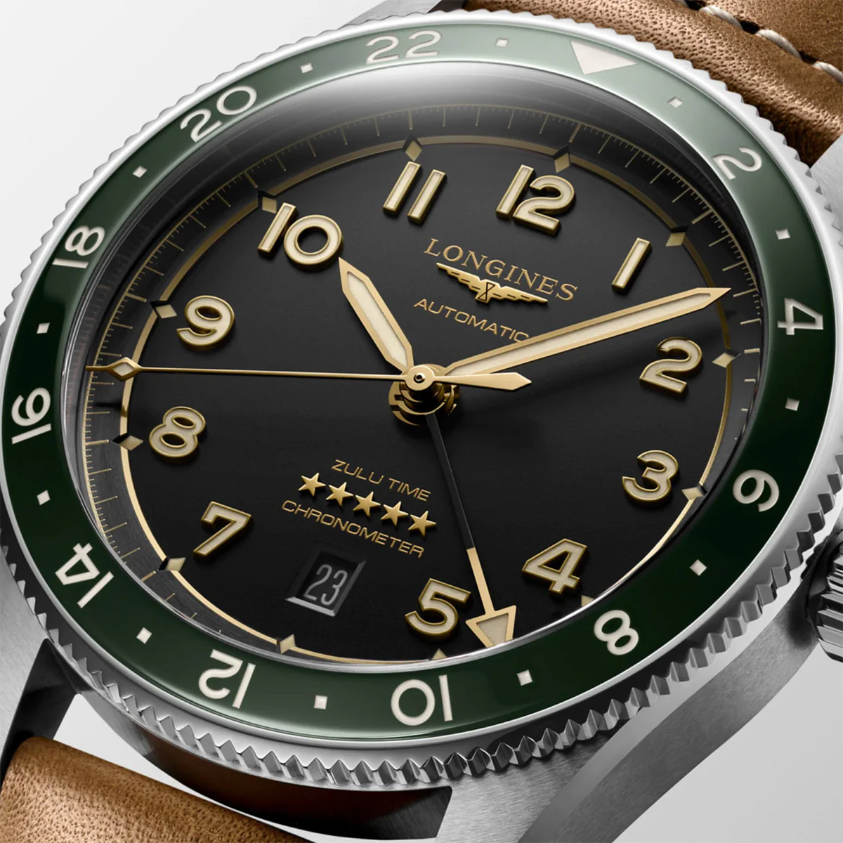Longines - Spirit Zulu Time GMT 42 mm Green Bezel Anthracite Dial Leather - L38124632 - Image 3